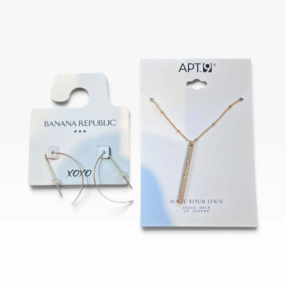 Banana Republic & APT. 9 Gold Tone Crystal Bar Necklace & Earrings Jewelry Set